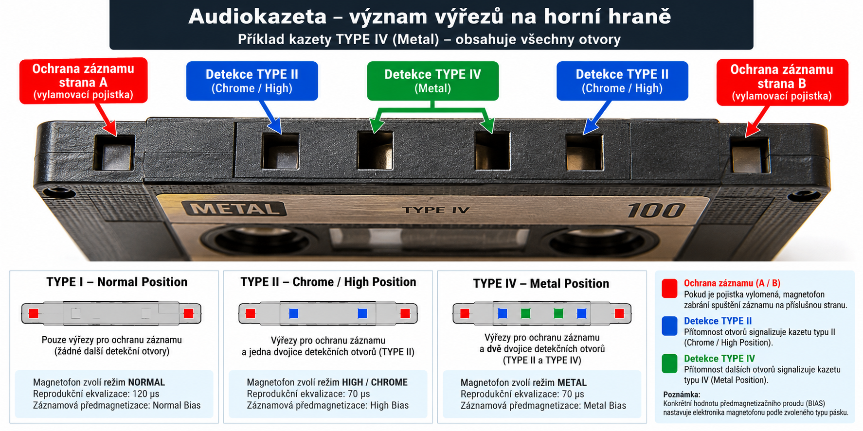 Horní hrana audiokazety ukrývá důležitý identifikační systém. Krajní výřezy slouží jako ochrana proti nechtěnému přepsání záznamu, zatímco další otvory umožňují magnetofonu automaticky rozpoznat typ pásku (TYPE I, II nebo IV) a zvolit odpovídající předmagnetizaci BIAS a reprodukční ekvalizaci 120 nebo 70 µs.
